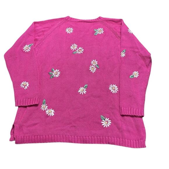 Quacker Factory Daisy Embroidered Pink Knit Sweater Size Medium - Picture 5 of 8